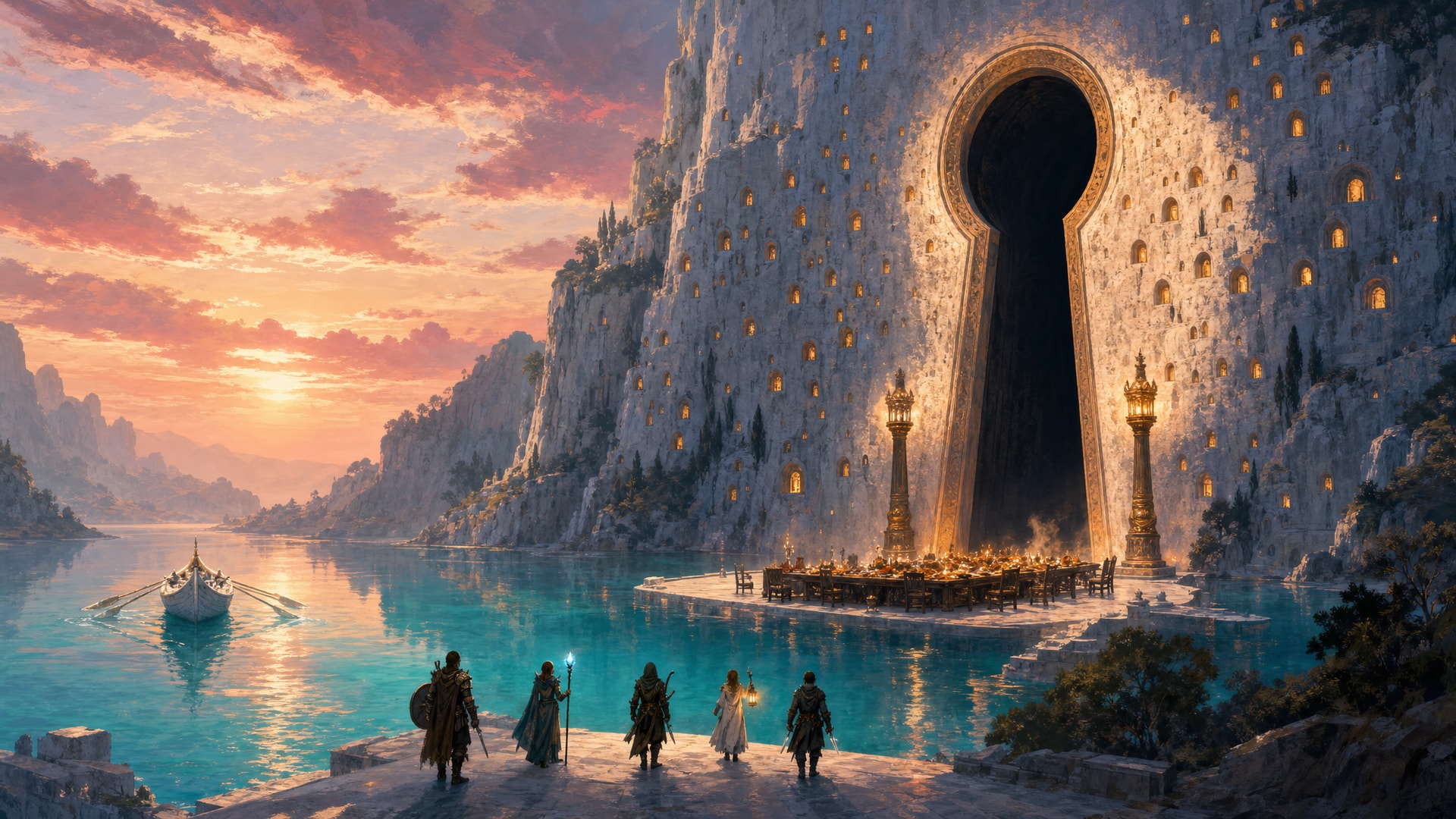 Painted fantasy concept art: at sunset on a turquoise lagoon, a white cliff full of glowing round windows opens in one giant keyhole-shaped gate, with a feast table laid and lit on the quay, an empty boat drifting on the water and no one anywhere, as five adventurers stand on the steps.