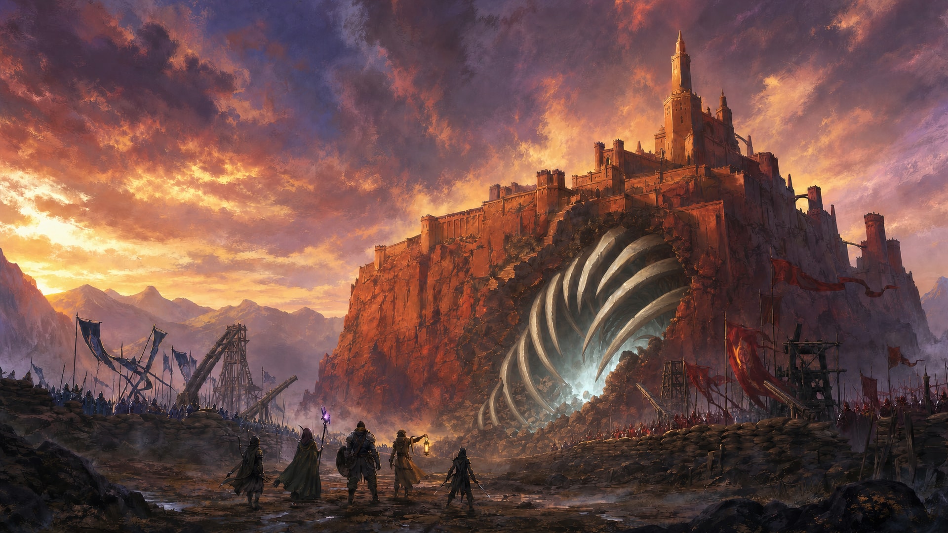 Painted fantasy concept art: under a blazing sunset, a red-rock fortress climbs a cliff while two armies with siege engines face each other on either side. Below the castle, the curved ribs of something enormous and ancient burst out of the cliff, glowing pale, and five adventurers stand before it.
