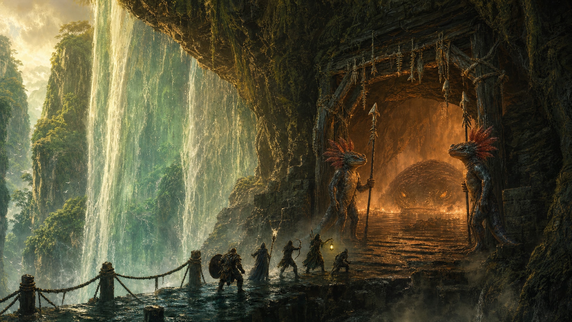 Painted fantasy concept art: five adventurers walk a rope-railed ledge behind a towering waterfall lit gold and green by sunrise, toward a warm-glowing cave mouth braced with timber and bone charms, guarded by tall crested salamander-folk with spears.