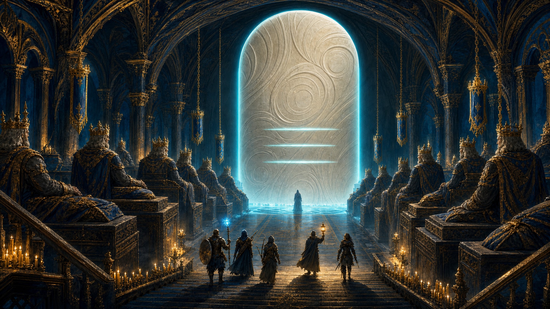 Painted fantasy concept art: in a royal crypt of blue and gold, rows of crowned stone kings sit on either side of a stair that leads down to a towering pale door carved with smooth curves and glowing cyan lines, where a lone robed figure waits and five adventurers descend.