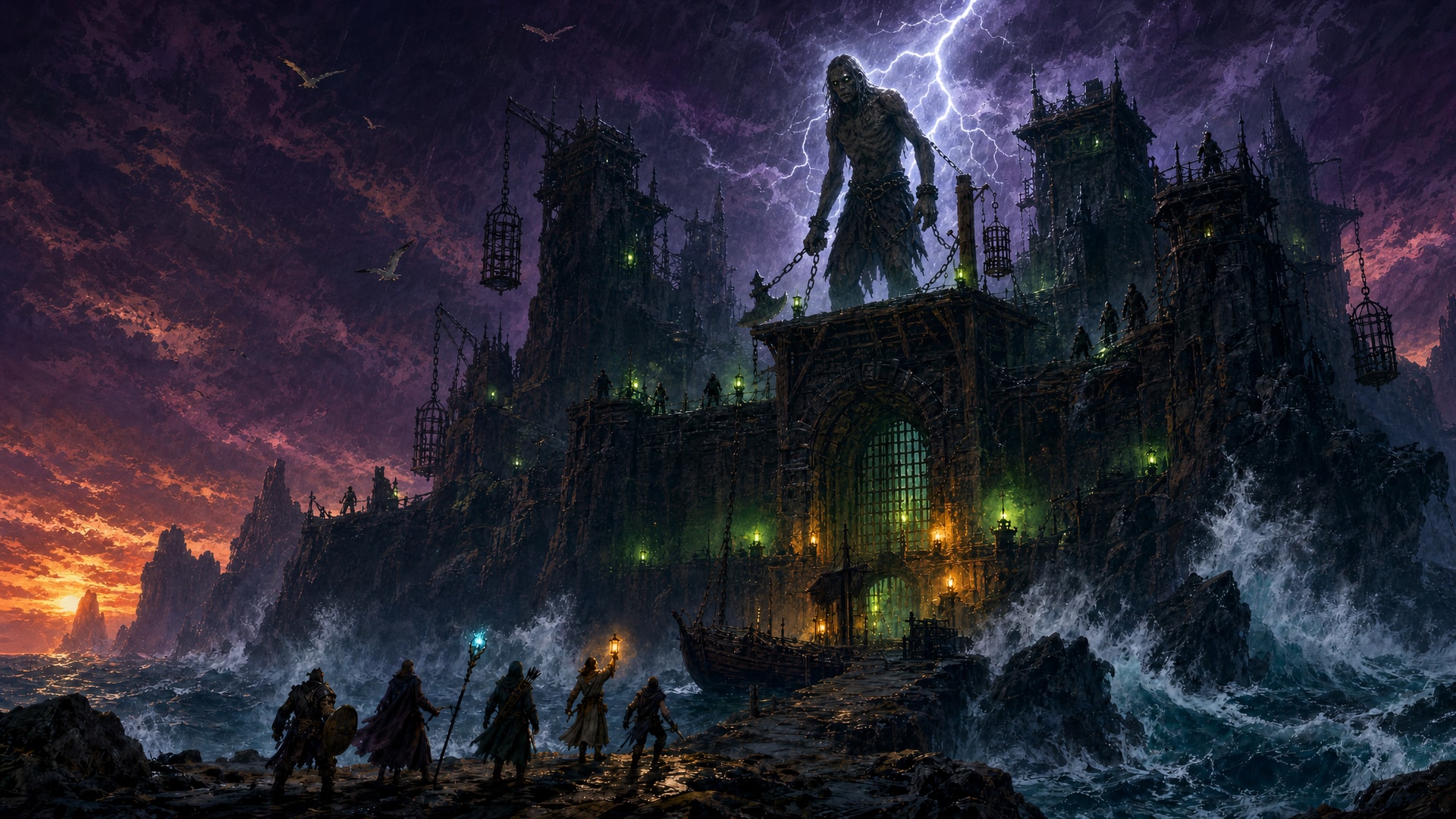 Painted fantasy concept art: under a violet storm at sunset, waves smash against a black island prison hung with iron cages and sick green lamps. On top of its gatehouse stands a giant, gaunt, starving prisoner in chains, lit by a lightning bolt, as five adventurers approach along the rocky shore.
