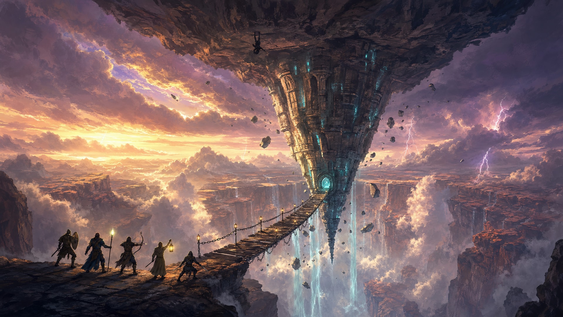Painted fantasy concept art: at sunset, five adventurers stand on a cliff ledge at the start of a chain bridge that crosses open sky to a glowing cyan door in an upside-down stone tower. The tower hangs from the underside of a floating rock island above a vast canyon of clouds, with lightning in the distance.