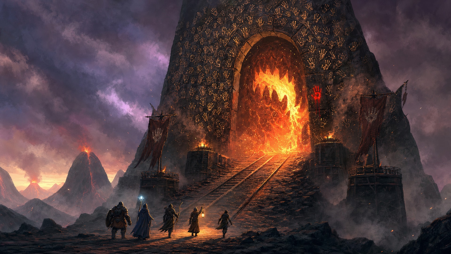 Painted fantasy concept art: in a volcanic crater at dusk, five adventurers stand at the foot of a ramp with cart rails leading up to a towering black basalt arch covered in hundreds of bronze handprints, one of them red. Inside the arch, the forge fire roars into the shape of a fanged mouth.
