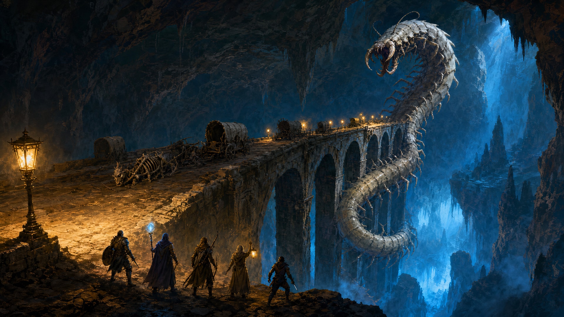 Painted fantasy concept art: deep underground, an old highway crosses a glowing blue abyss on a great stone viaduct lined with lamps and abandoned wagons, while a colossal pale centipede coils up through its arches toward five adventurers at the near end.