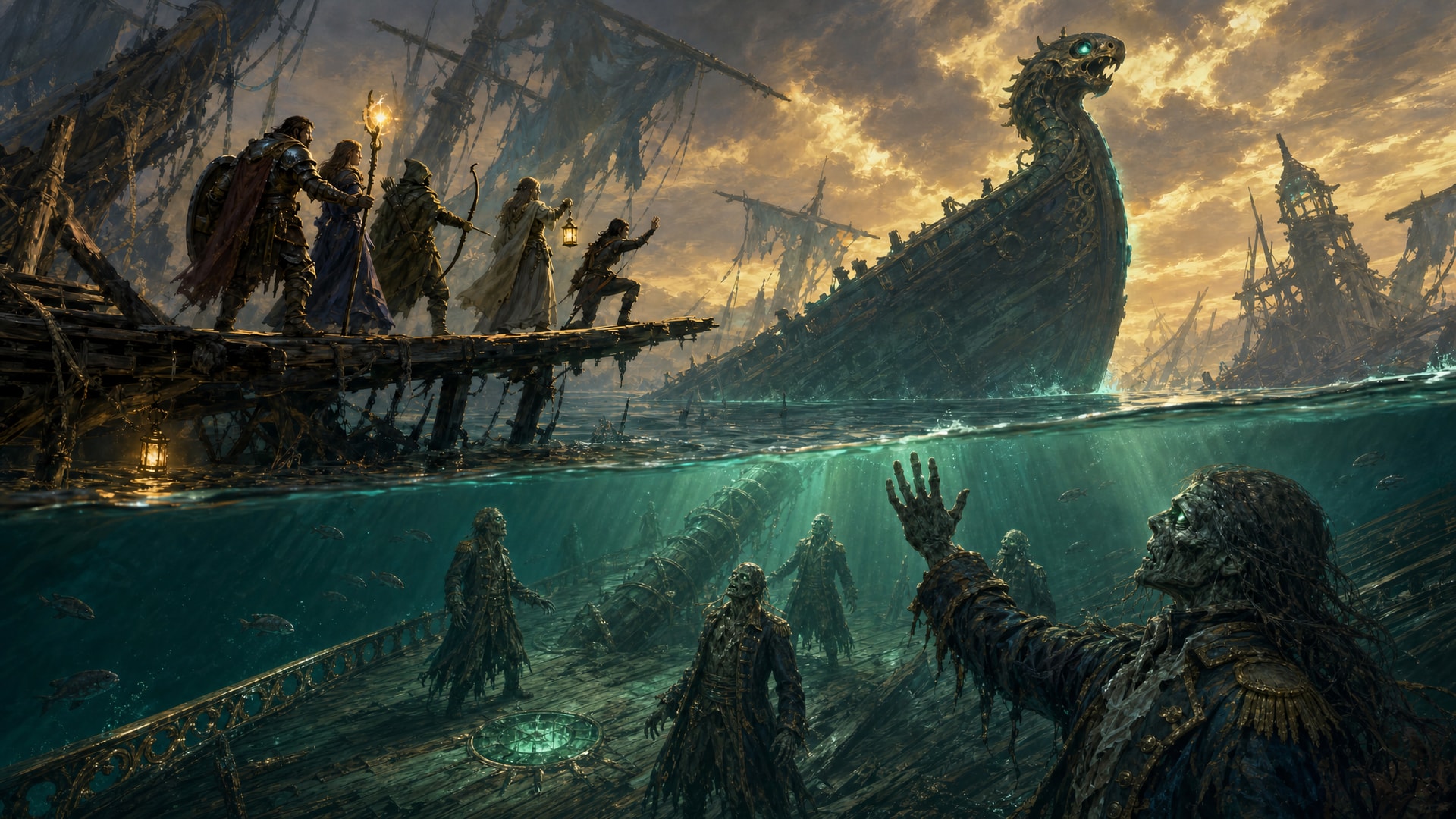Painted fantasy concept art: a split view at the waterline of a ship graveyard at sunset. Above, five adventurers walk a broken plank walkway past a wrecked ship with a carved sea-serpent prow. Below, in clear green water, drowned sailors in old naval coats stand on a sunken deck, and the nearest one looks up and raises his hand to wave at them.