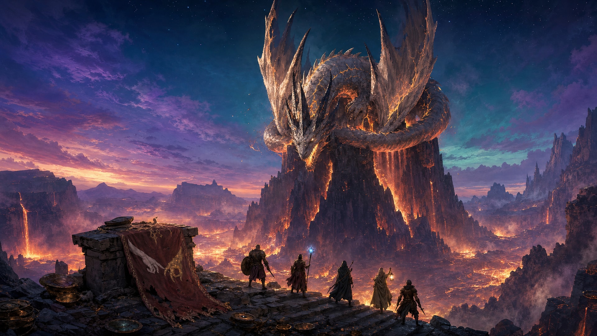 Painted fantasy concept art: at dusk inside a volcanic caldera of lava rivers, a great ash-grey dragon with glowing ember cracks lies coiled around the top of a black rock spire like a crown, wings raised, while five adventurers stand on a stair beside a broken offering altar and a torn banner.