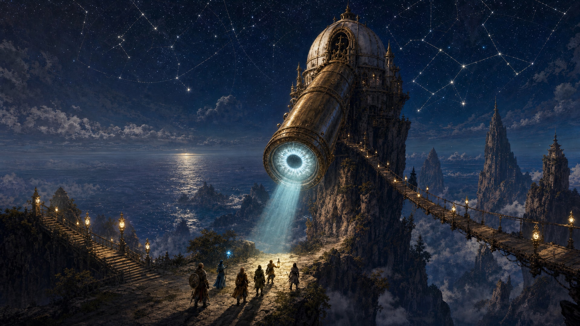 Painted fantasy concept art: at night above the clouds, a giant brass telescope juts down from a domed observatory on a rock spire, its glowing lens like an eye casting a beam of light on five adventurers on the cliff path below, under constellations linked by lines of light.