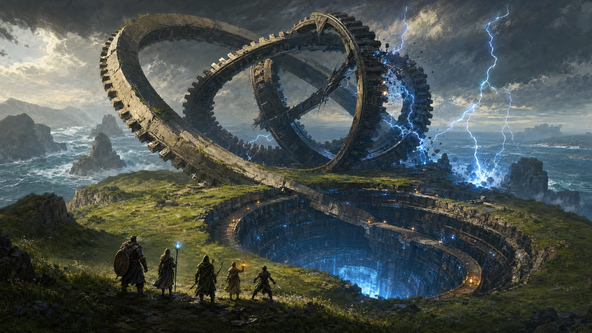 Painted fantasy concept art: on a green sea headland, three colossal tilted rings of dark metal with gear teeth grind out of step above a deep spiral well full of blue light, throwing lightning into the stormy sea, as five adventurers approach across the grass.
