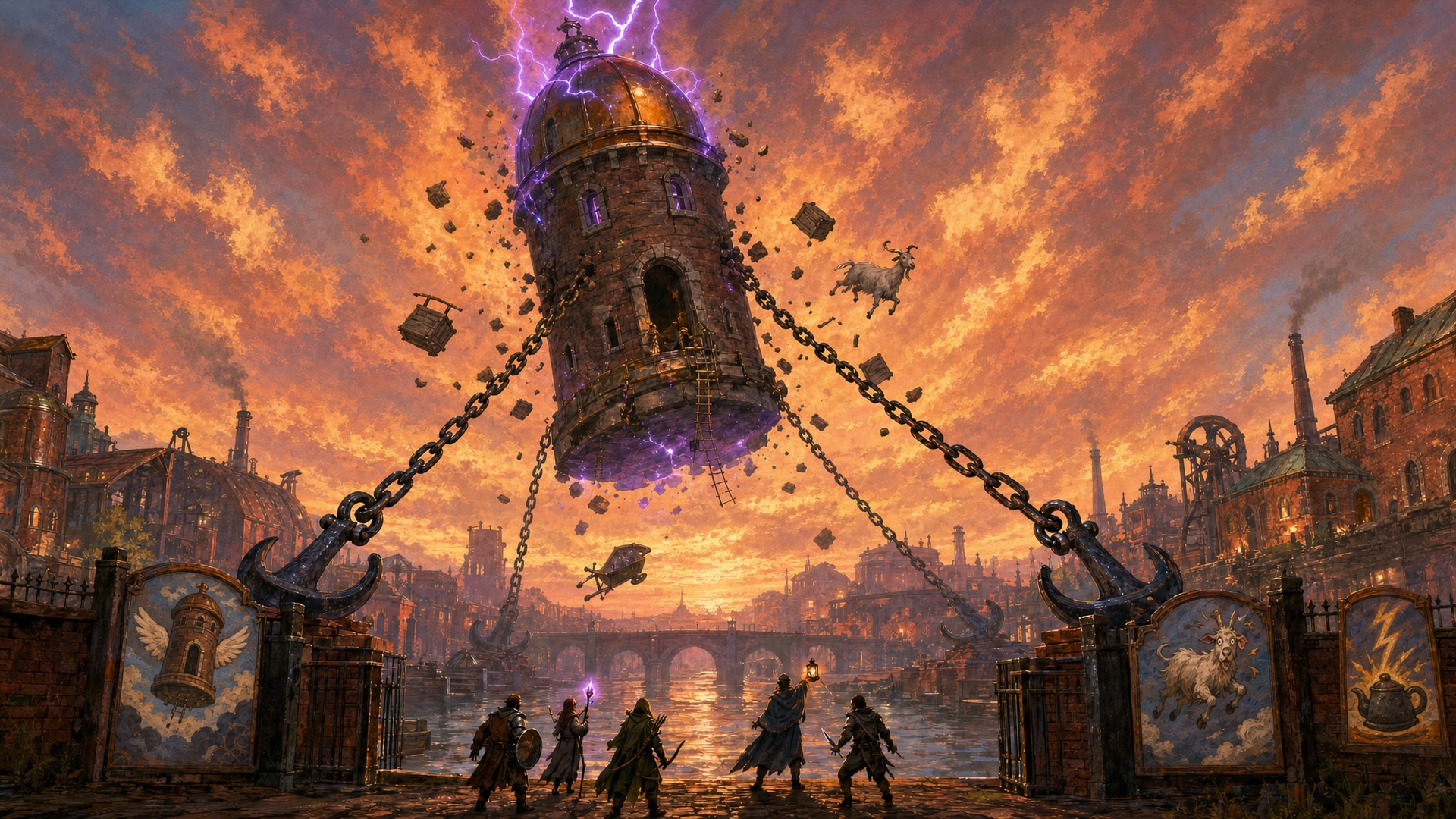 Painted fantasy concept art: at sunset in a brick invention works, a round brick tower with a copper dome has torn loose and floats above the yard, crackling with violet lightning, held down by four huge chains and ship anchors, while crates and a goat float up around it and five adventurers stand at the gate under cheerful picture warning signs.