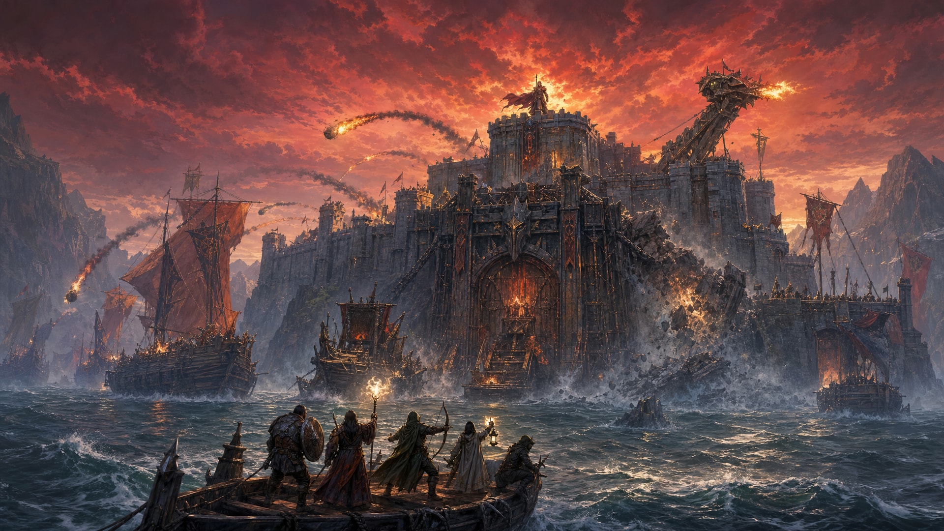 Painted fantasy concept art: under a blood-red sky, an island sea fortress burns under a full assault of warships, siege towers and arcing fireballs, while five adventurers ride a landing boat through heavy surf toward the burning gate.