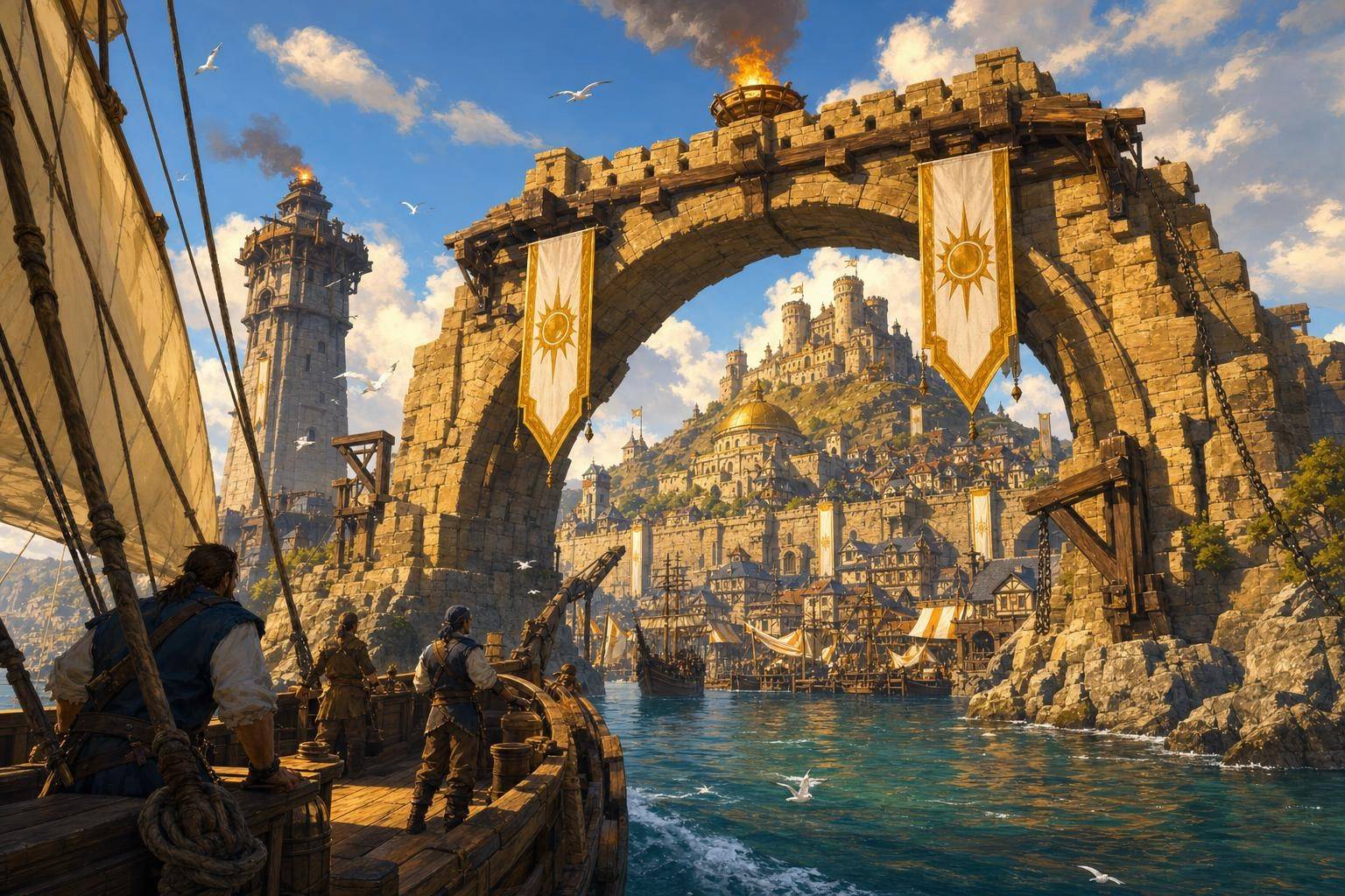 Sailing into Highcourt through the Lantern Arch (concept art)