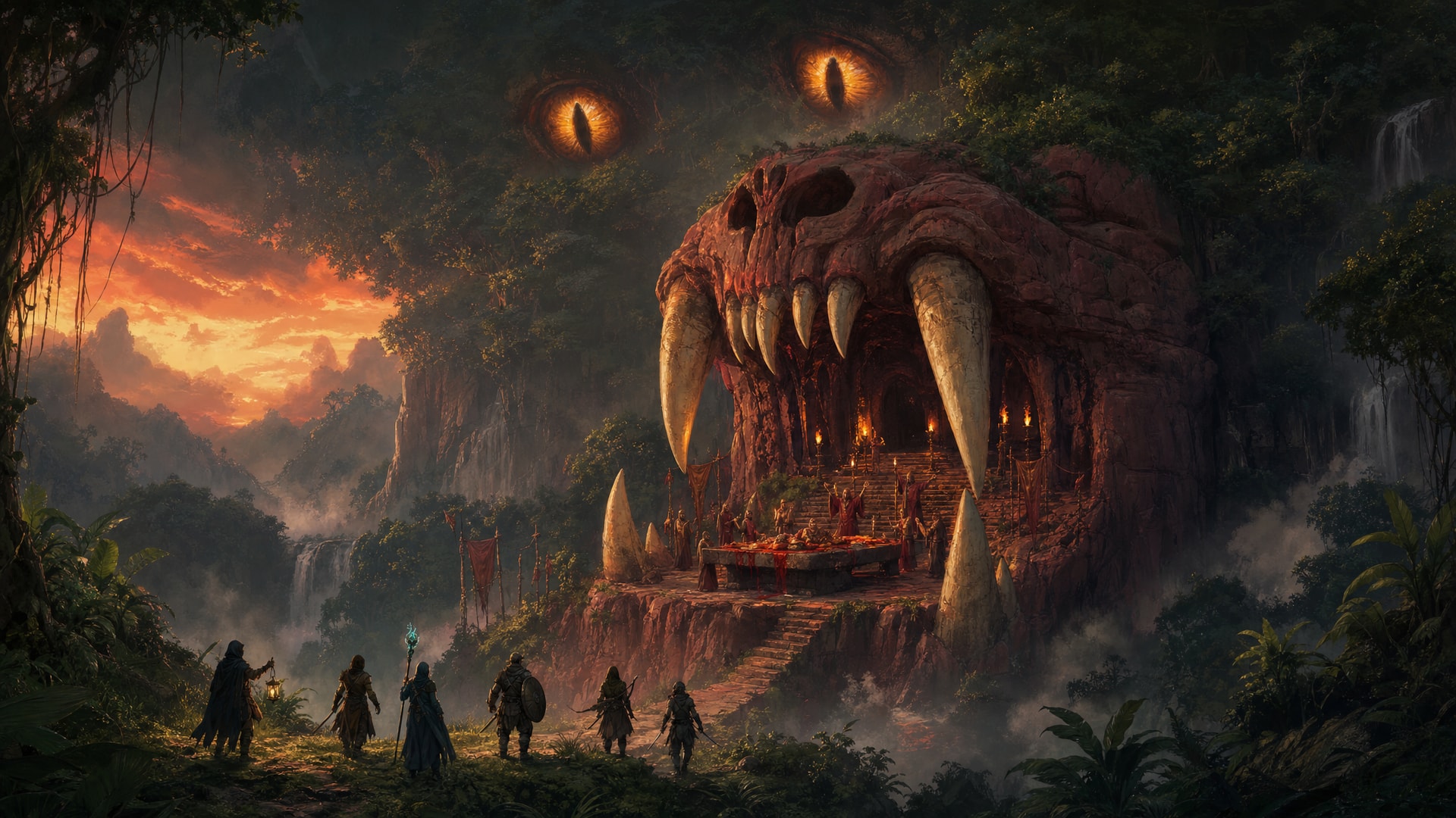 Painted fantasy concept art: at dusk in a jungle, a cliff of red stone is carved into the open jaws of a giant beast set with huge real fangs, a candlelit feast laid out inside, while two enormous glowing eyes open in the dark canopy above and five adventurers approach.