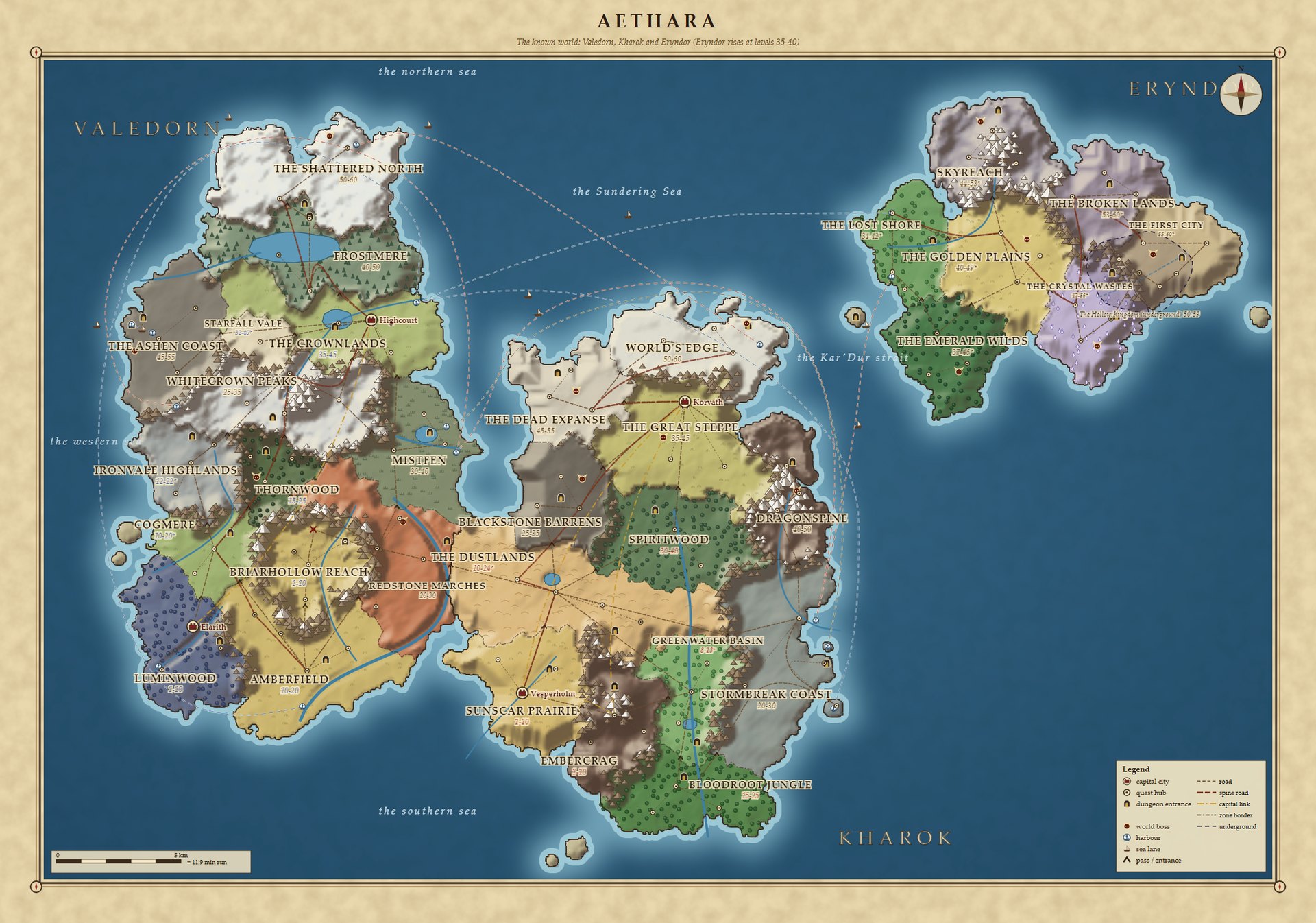 Concept world map of Valedorn, Kharok and Eryndor