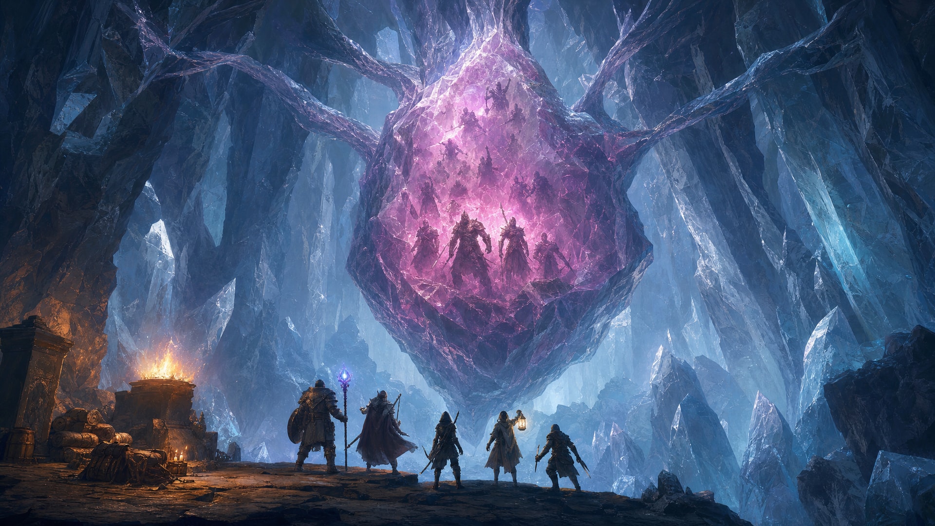 Painted fantasy concept art: in a vast crystal cave, a huge jagged magenta crystal hangs from roots of glass, with the shapes of past adventurers frozen inside it, as five adventurers stand on a ledge below beside a warm brazier.