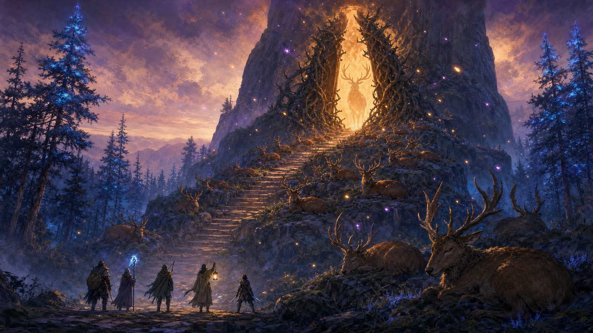 Painted fantasy concept art: at twilight, five adventurers stand at the foot of a stone stair climbing a cliff in a forest of blue-glowing pines. At the top, a cleft in the rock glows amber between giant doors of living root, a ghostly stag stands in the light, and deer lie asleep all along the slope.
