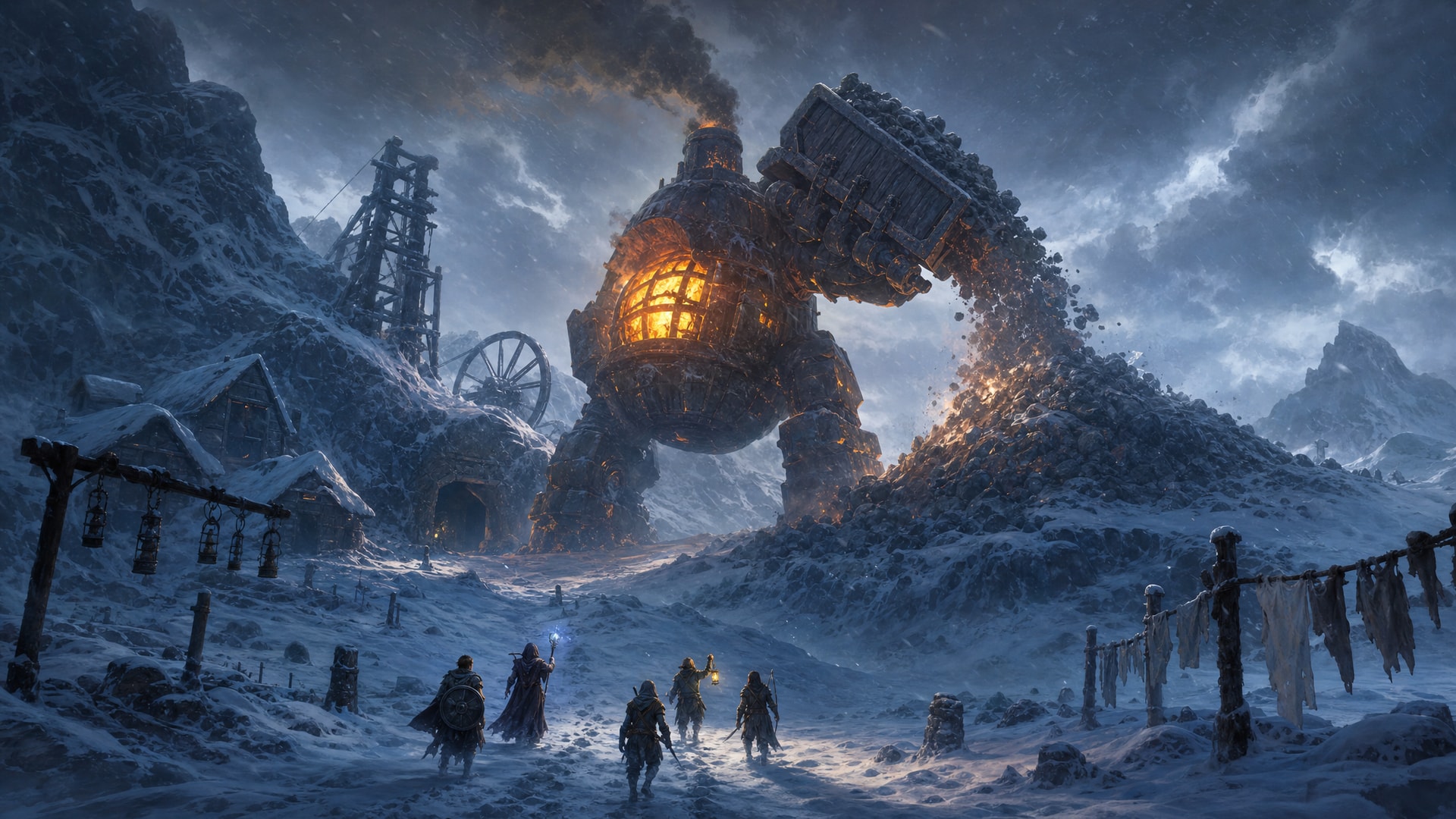 Painted fantasy concept art: in a snowstorm at dusk on a mountain pithead, a colossal stone-and-iron hauler with a glowing furnace in its chest steps out of the mine and tips an ore cart onto a huge spoil heap, still working long after the miners left, as five adventurers walk up the snowy cart road past empty cottages.