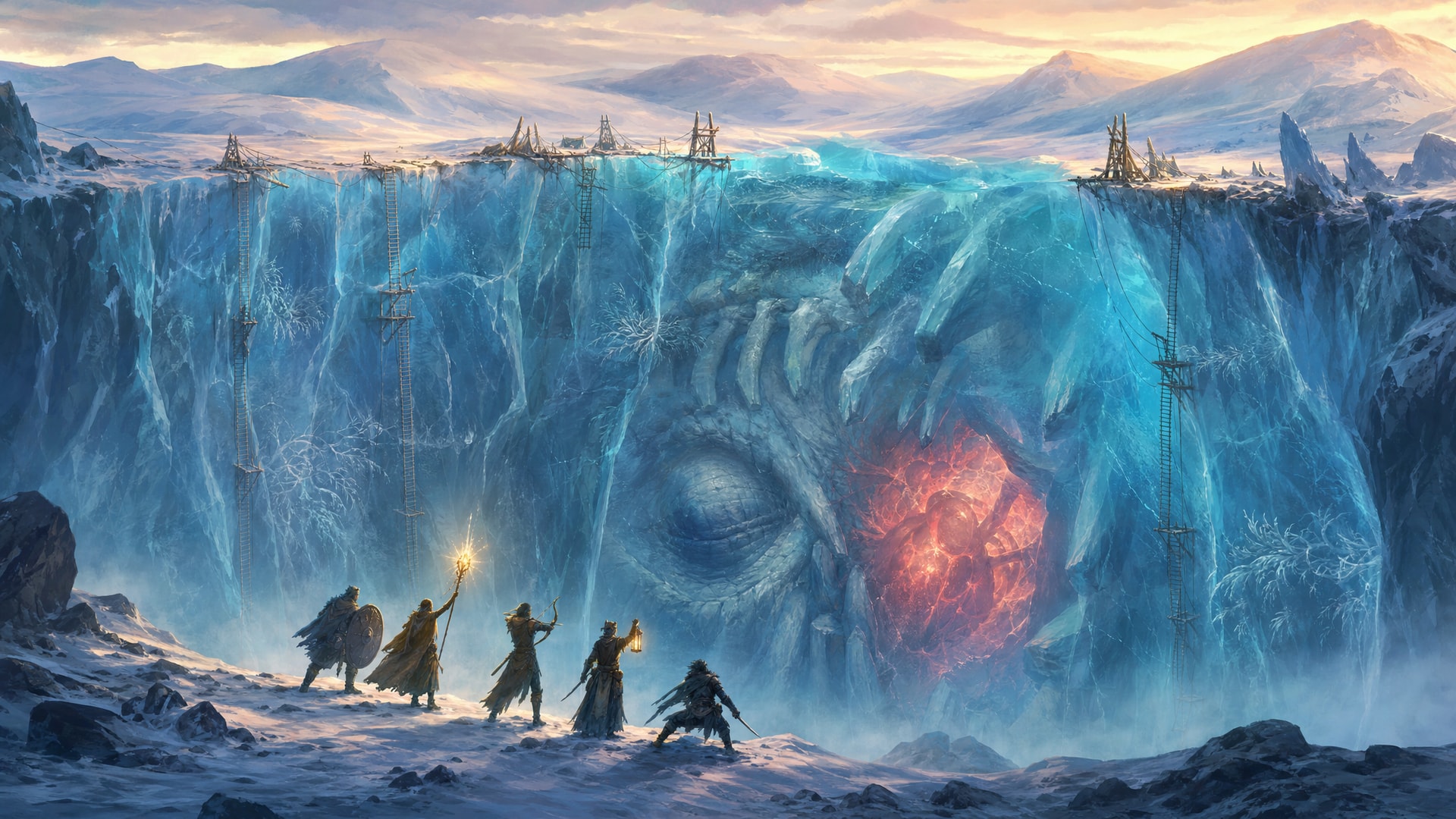 Painted fantasy concept art: five adventurers stand on the snow at the edge of a vast wall of clear blue glacier ice. Inside the ice lies a sleeping titan: a closed eye the size of a house and a red-gold heart glowing through the ice, with ladders and climbing rigs hanging from the rim above.