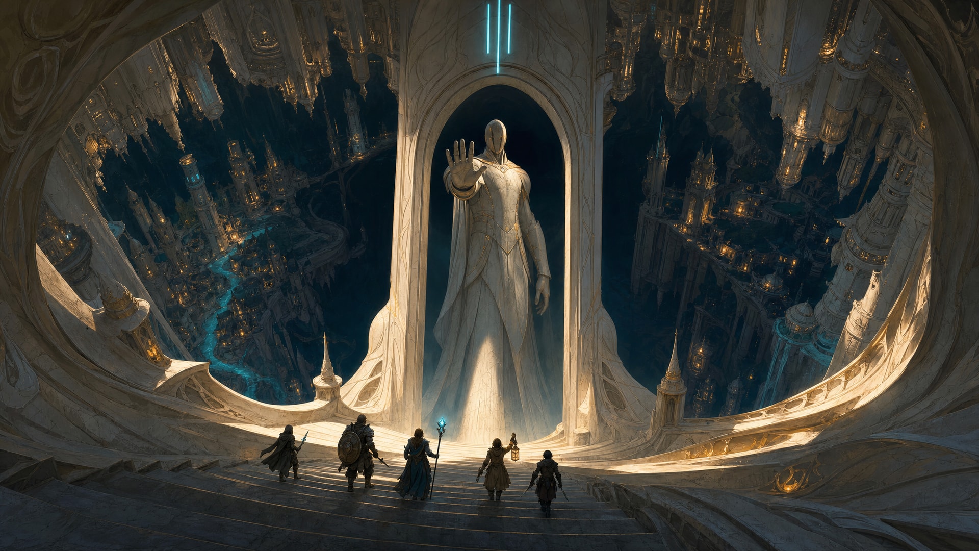Painted fantasy concept art: at the bottom of a spiral stair, a towering faceless guardian of pale stone stands in an ivory arch with one hand raised, while behind it an impossible ancient city curves around a vast hollow, and five adventurers stand small on the steps.