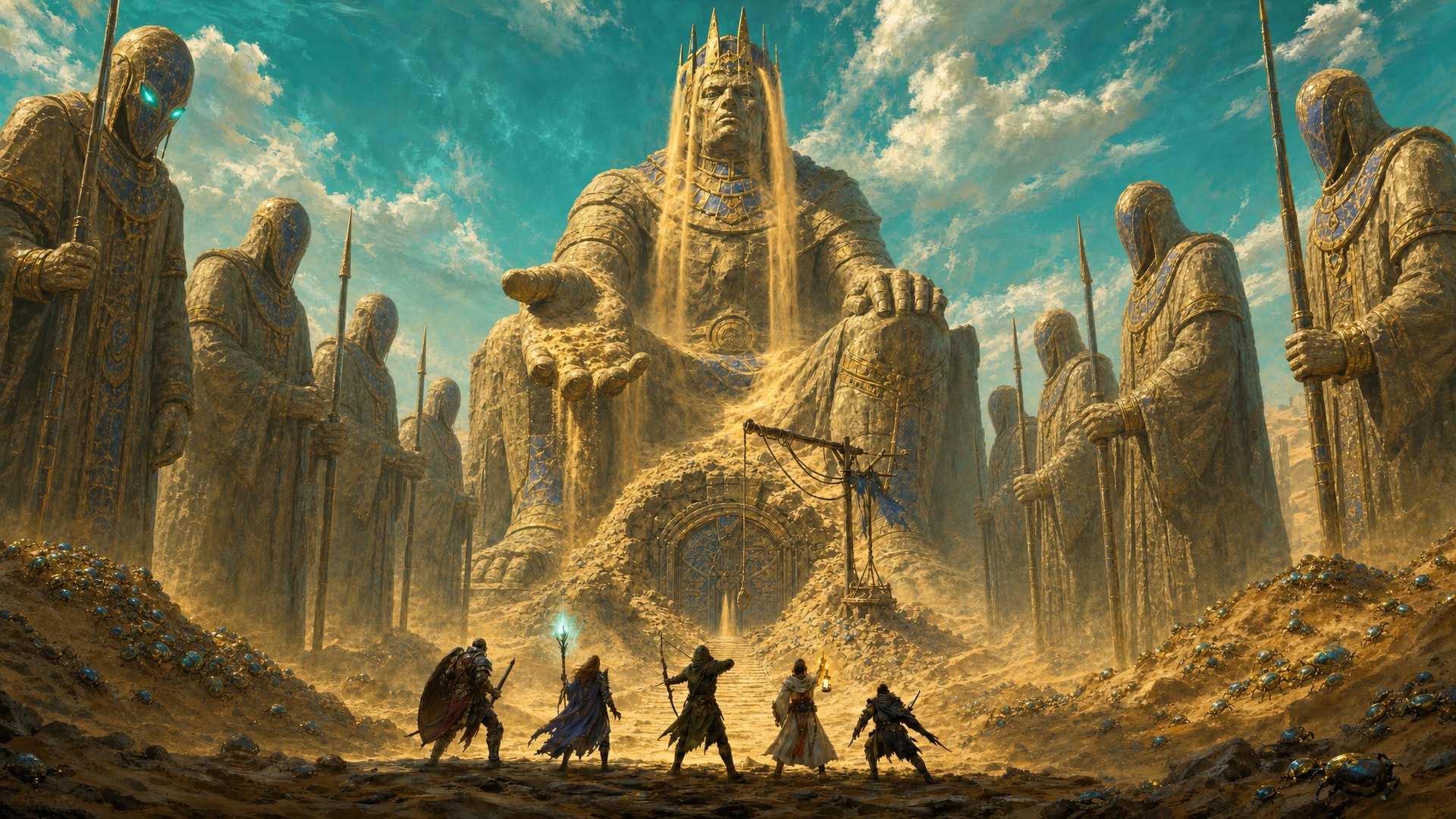 Painted fantasy concept art: under a turquoise sky, five adventurers stand in the desert before a colossal seated stone king holding out his open hand, with golden sand pouring from his crown. Robed stone sentinels with spears line the avenue, and scavengers have dug a ramp to a sealed door between his feet.