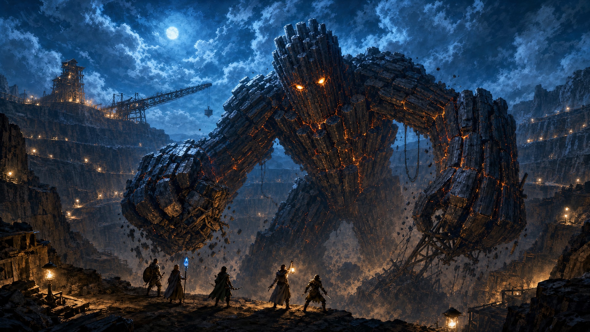 Painted fantasy concept art: at night in a terraced open-cut mine lit by strings of lamps, a colossal giant made of black basalt columns with glowing magma seams tears itself up out of the pit floor, and five adventurers stand on the terrace below it.