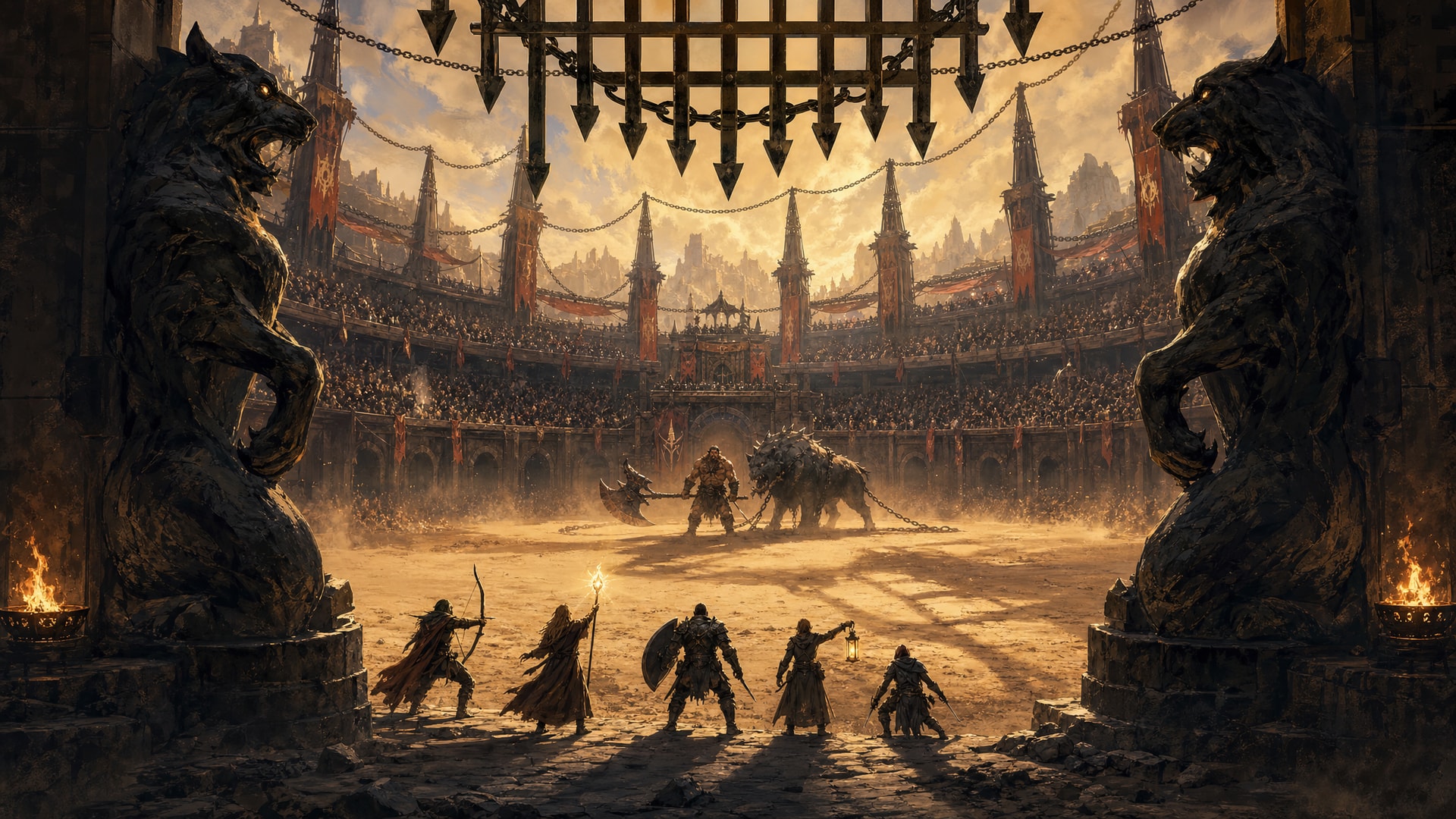 Painted fantasy concept art: five adventurers walk out of a spiked gate between two black beast statues into a sunlit sand arena ringed by tiers of roaring crowd and banner masts, where a huge champion with an axe waits beside a chained beast.