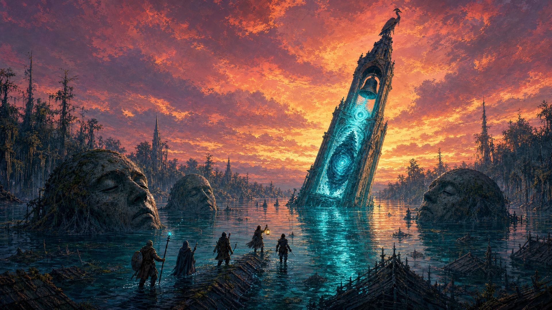 Painted fantasy concept art: at sunset on a black swamp lake, a tall bell-spire leans out of the water with a glowing cyan whirlpool spinning inside it, huge drowned stone heads rise from the water, and five adventurers wade toward it along a sunken roof.