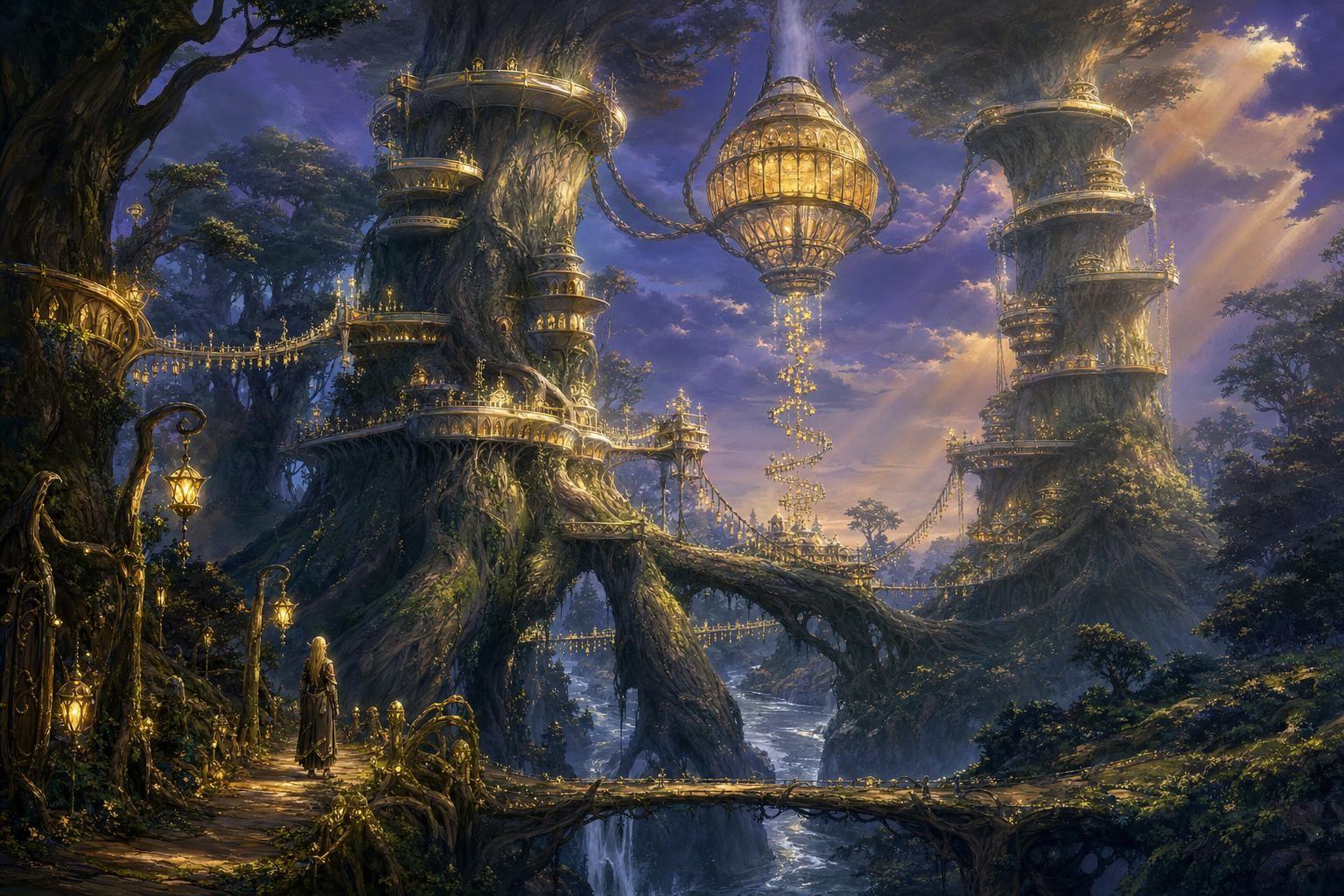 Elarith from the Lamp Overlook: three Mother-Trees above the gorge (concept art)