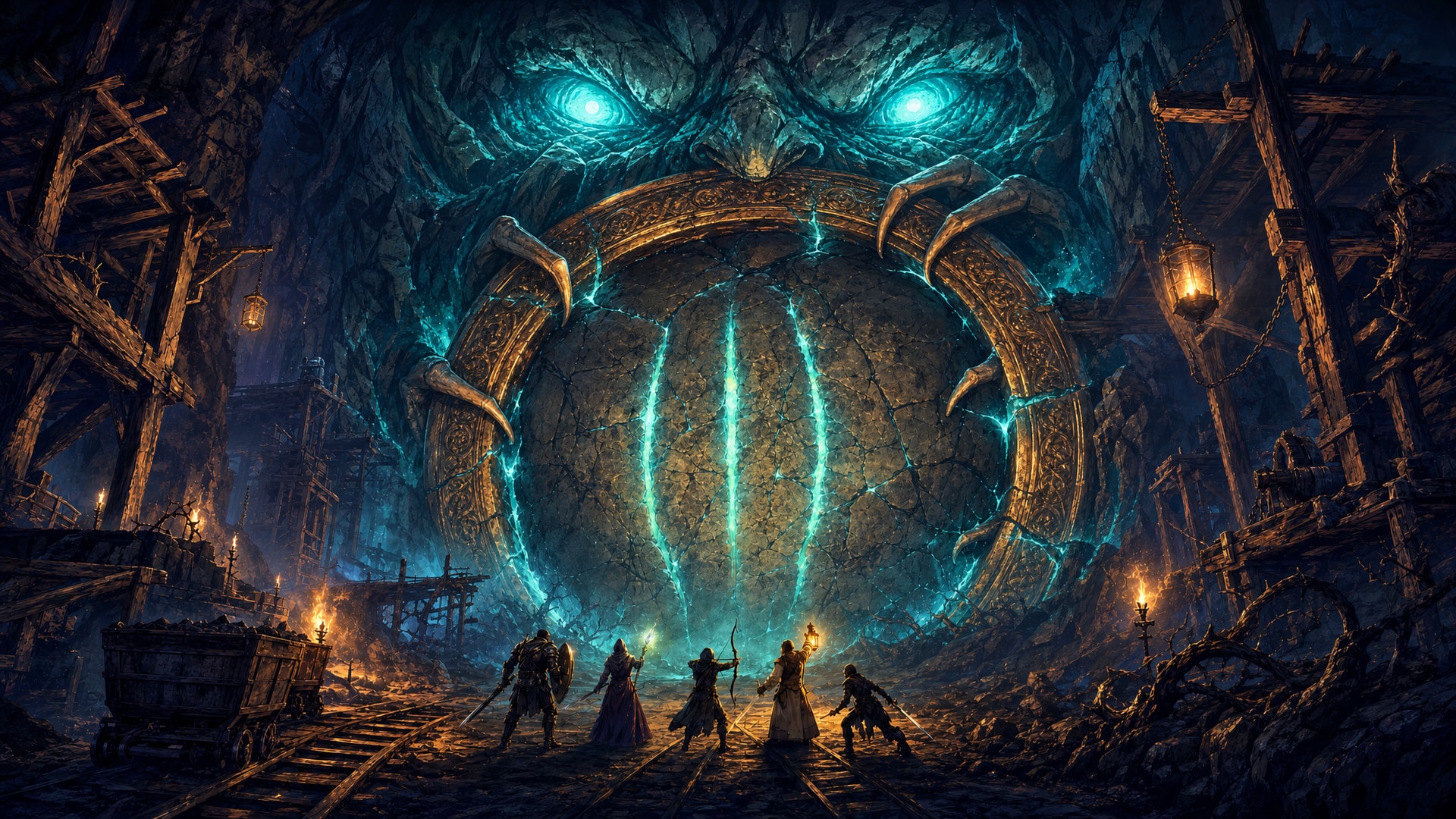 Painted fantasy concept art: deep in a timber-shored mine, five small adventurers with torches and a lantern face a colossal round stone door set into the cavern wall. Cracks in the door glow cold cyan, huge stone claws grip its rim, and two glowing eyes stare down from the darkness above it.