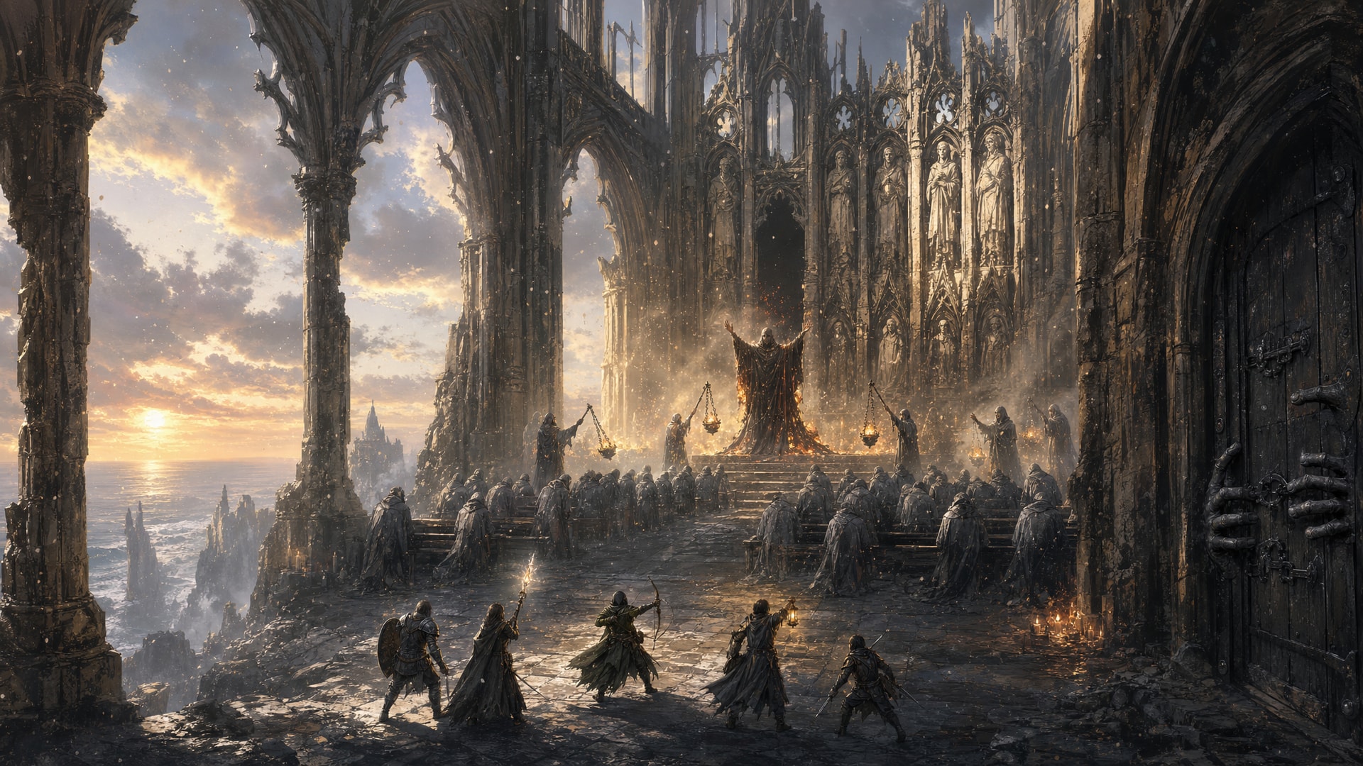 Painted fantasy concept art: at dawn in a roofless gothic cathedral on a sea cliff, ash falls like snow over rows of grey kneeling worshippers while a robed cantor raises his arms at the altar. Five adventurers enter past a huge black door whose iron hinges are shaped like hands.