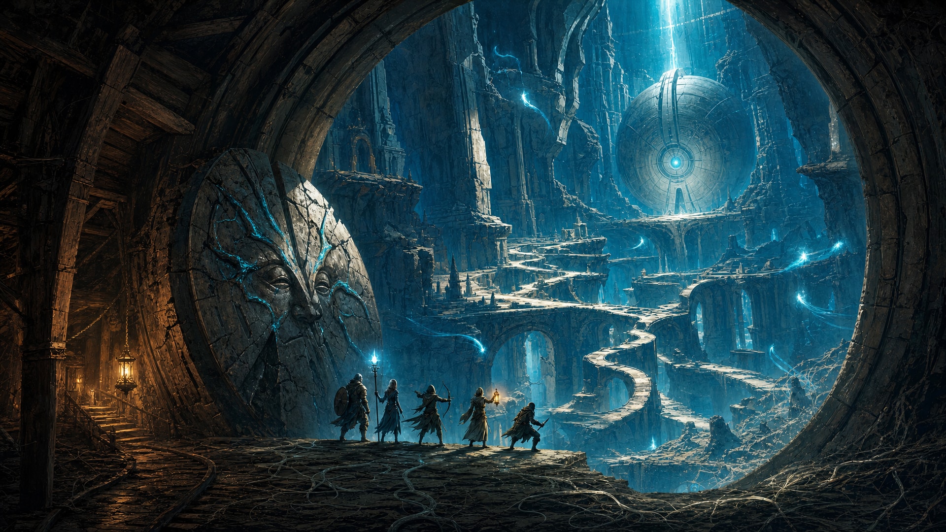 Painted fantasy concept art: seen from inside a giant round stone door that has been rolled aside, five adventurers with lanterns stand on a ledge looking out over an impossibly vast underground city of pale curving terraces and bridges glowing cold cyan.