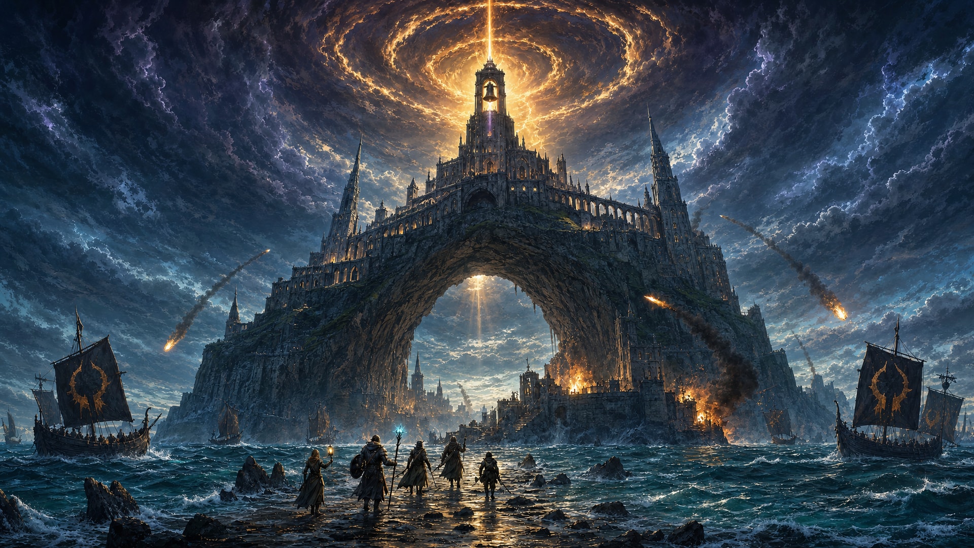 Painted fantasy concept art: under a stormy violet sky, an abbey built across a colossal sea-arch is under siege by dark-sailed warships, while a beam of gold light and a swirling ring of light rise from its bell tower, and five adventurers wade through the surf toward it.