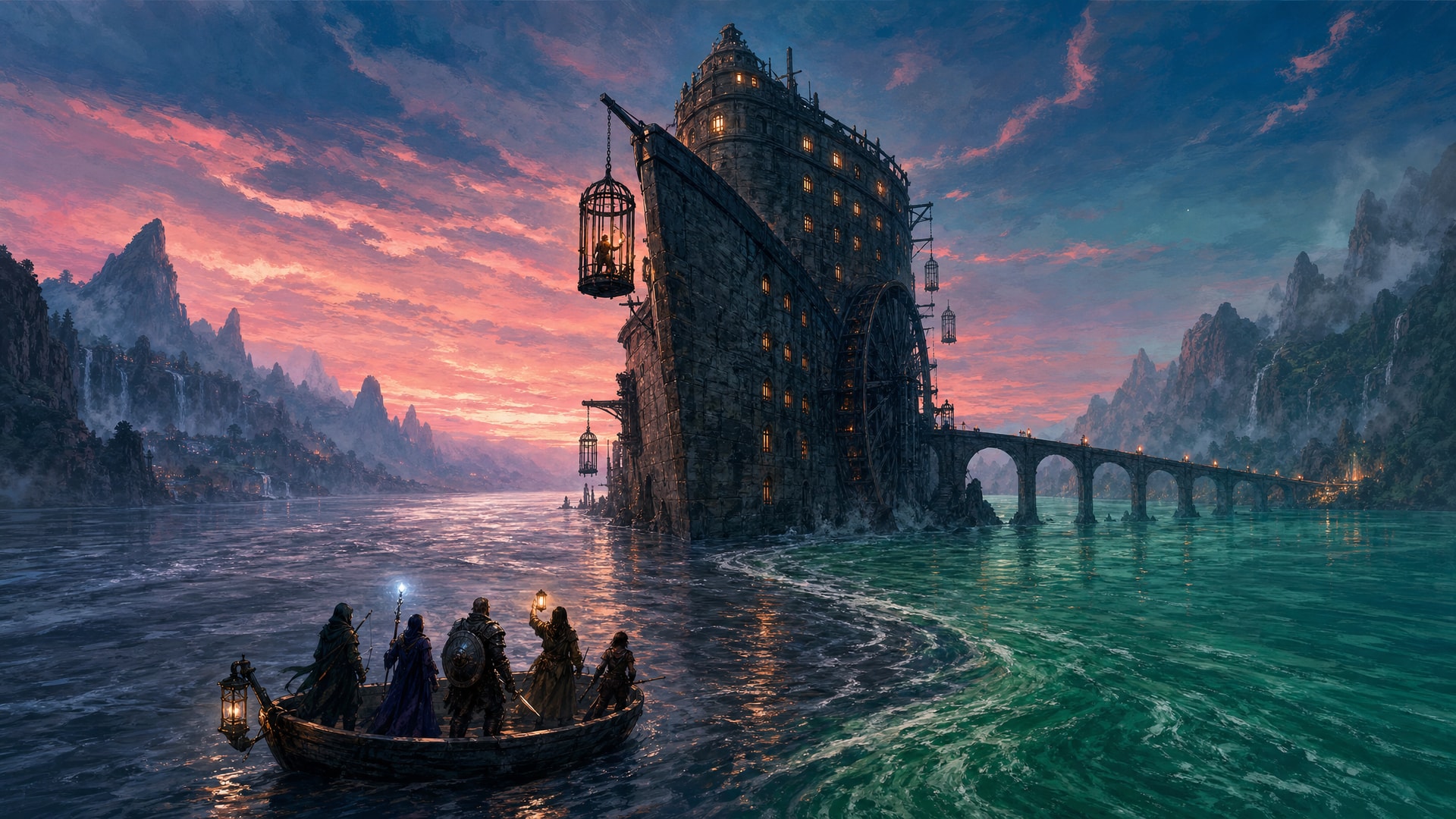 Painted fantasy concept art: at dusk where a grey river and a green river meet, a dark stone prison tower shaped like the prow of a ship splits the water, its barred windows glowing and a prisoner signalling from a hanging cage, as five adventurers row toward it in a small boat.