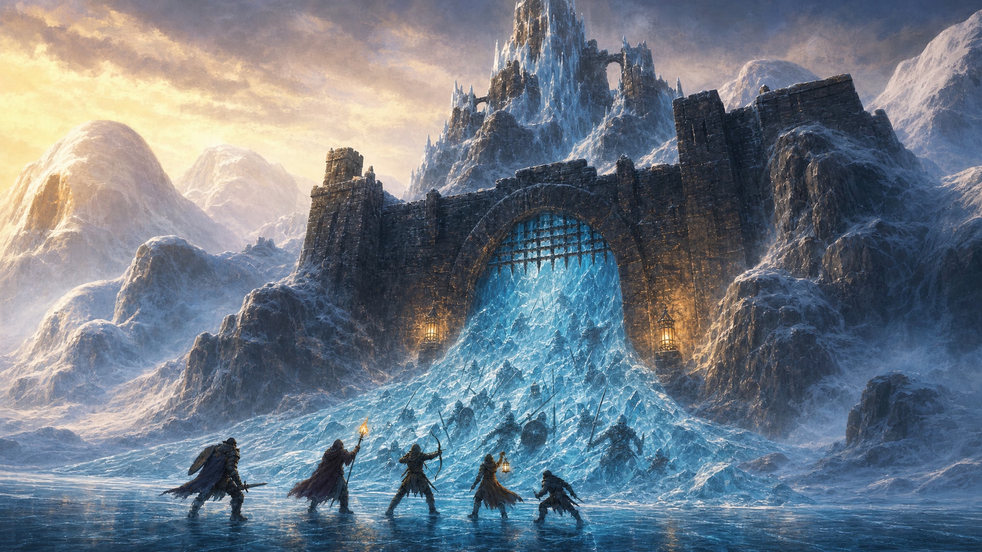 Painted fantasy concept art: in bright snowy mountains, a black stone fortress gate has been burst open by a glacier, which pours through it in a glowing blue tongue of ice with soldiers frozen inside. Five adventurers stand on the ice before the gate and its frozen portcullis.