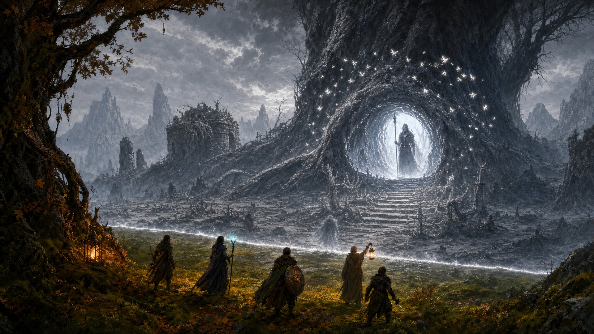 Painted fantasy concept art: five adventurers stand at a glowing line where the colour drains out of a valley: behind them is warm autumn colour, ahead everything is grey, leading to a giant root arch over a cave glowing silver, ringed by wisps of light, with a robed figure standing inside.