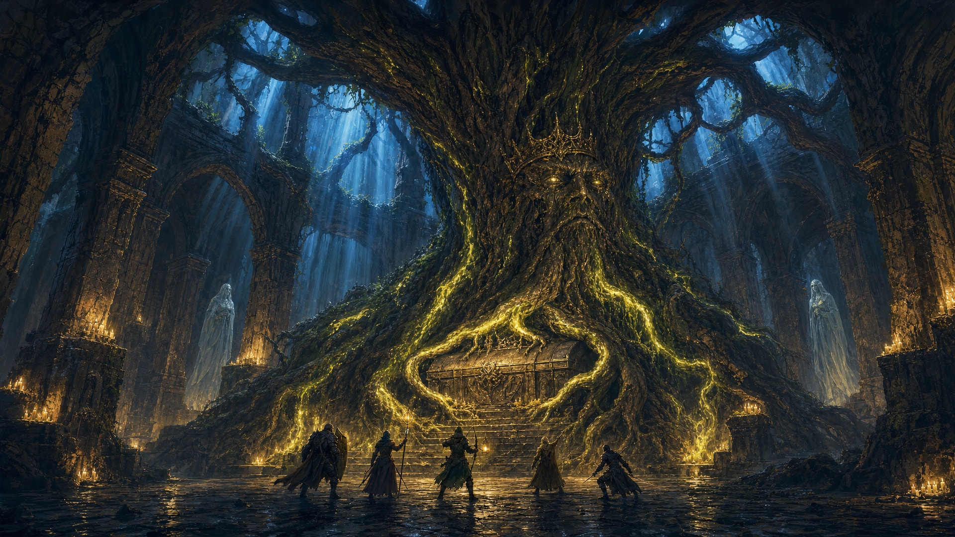 Painted fantasy concept art: in a vast gothic crypt, a colossal oak has grown down through the vaults. A crowned king's face is half absorbed into its trunk, and its glowing green-gold roots grip his stone coffin, while veiled mourning spirits stand in the arches and five adventurers approach through shallow water.