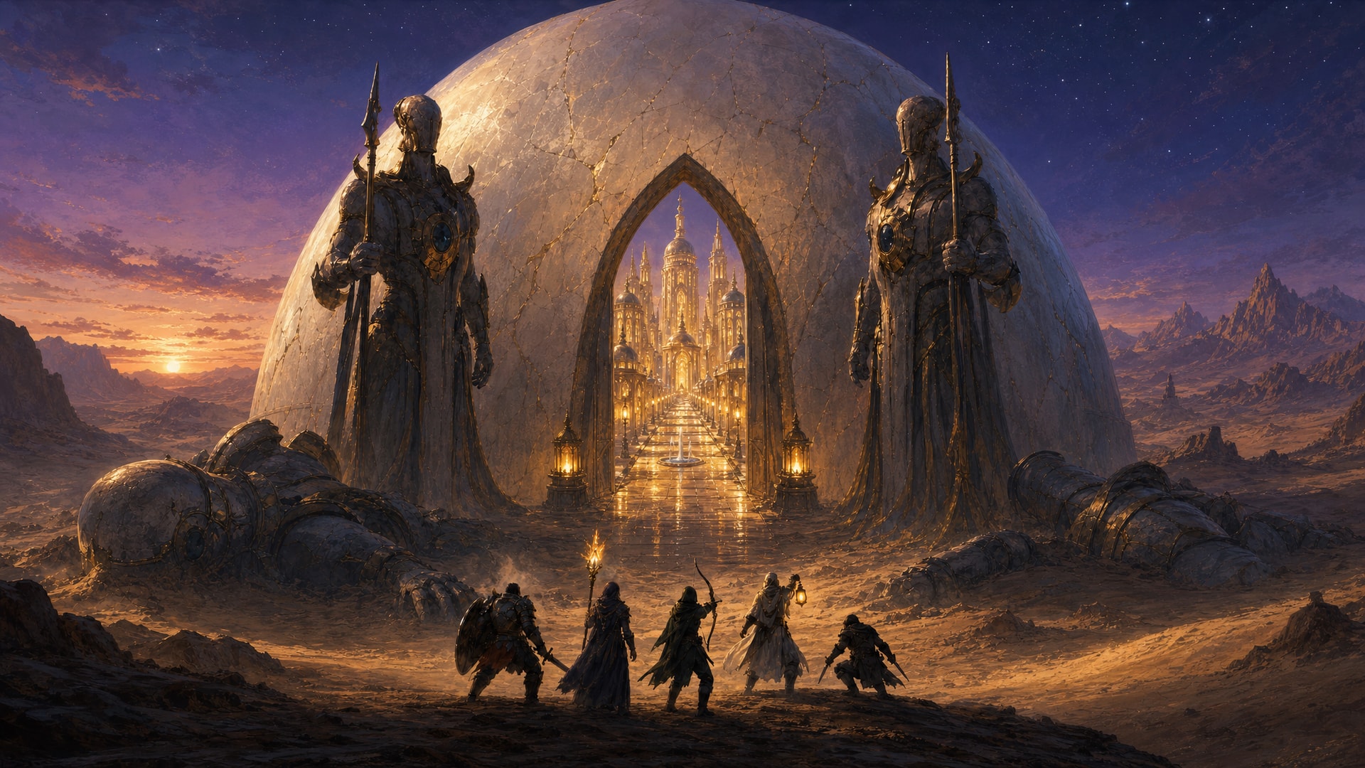 Painted fantasy concept art: at dusk in a desert, five adventurers approach a vast cracked pearl dome flanked by two towering faceless guardian statues with spears. Through its tall pointed gate, an empty golden city glows, every street and window lit, with no one there.