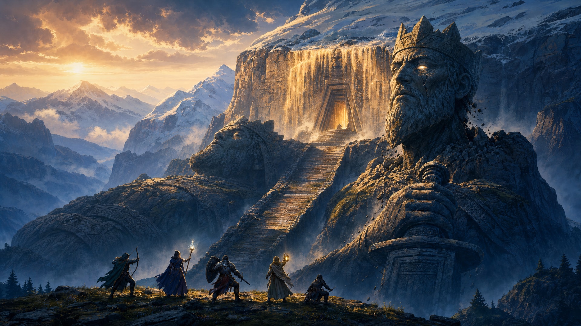 Painted fantasy concept art: high in snowy mountains, five adventurers look up a long ramp toward a stepped stone gate behind a veil of golden meltwater. A colossal carved stone king beside the ramp has turned his head toward them, his eyes glowing, with rubble falling from his neck.